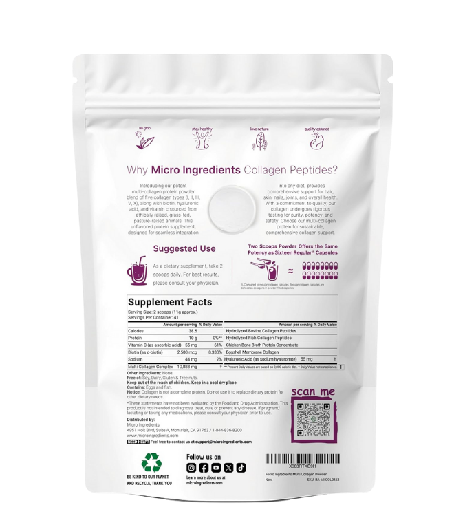 Multi Collagen Peptides Powder - Hydrolyzed Protein Peptides (Type I,II,III,V,X) with Hyaluronic Acid, Biotin & Vitamin C Unflavored